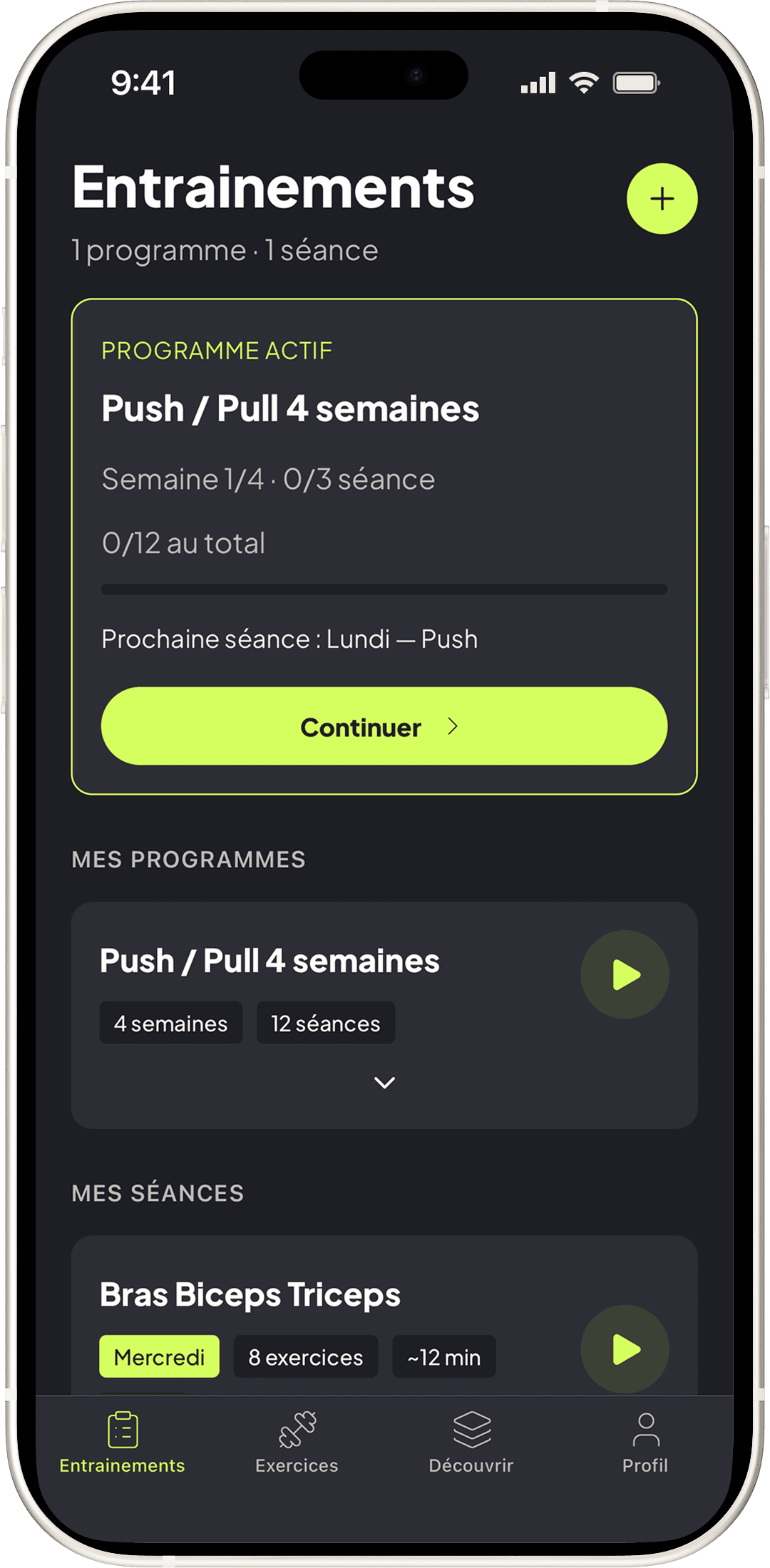Écran Mes entraînements avec programme actif et bouton Continuer